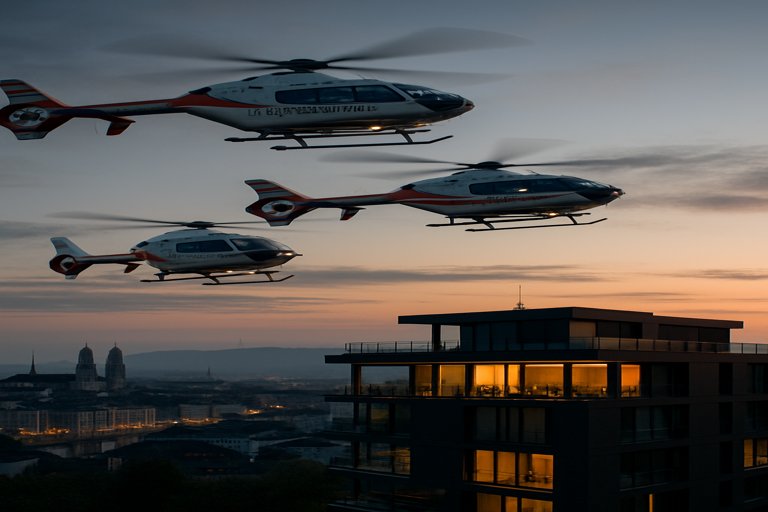 Des hélicoptères de la Stadtpolizei Zürich descendent sur un penthouse du centre-ville de Zürich lors d’un spectacle à l’aube